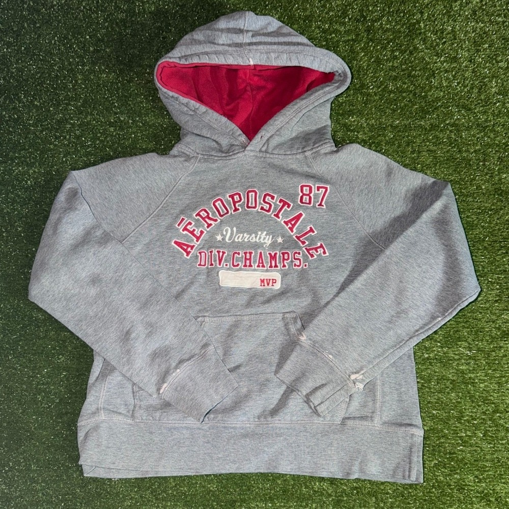 Aeropostale Womens Gray Varsity Div Champs Hoodie Tomboy Fit Small Distressed